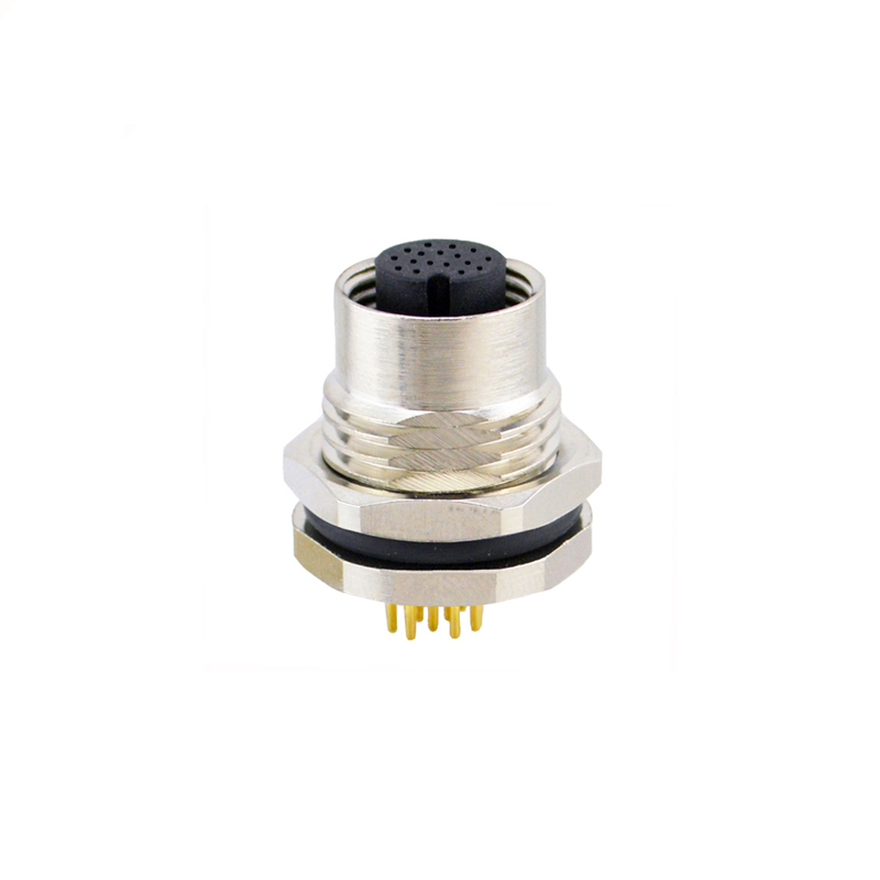 M12 17pins A code female straight front panel mount connector M16 thread,unshielded,insert,brass with nickel plated shell